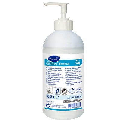A 500 ml bottle of Diversey Soft Care Sensitive Mild Hand Wash Lotion without perfume and dyes from Diversey Deutschland GmbH & Co. OHG, with a pump dispenser, white label with blue accents and multilingual product details.