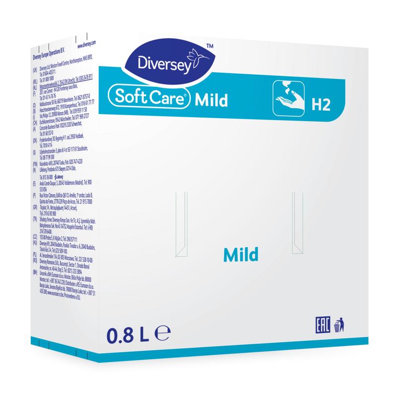 A white and blue box with the inscription "Diversey Soft Care Mild" (800 ml) from Diversey Deutschland GmbH & Co. OHG displays a hand washing symbol and advertises the mild soap lotion for hand cleaning.