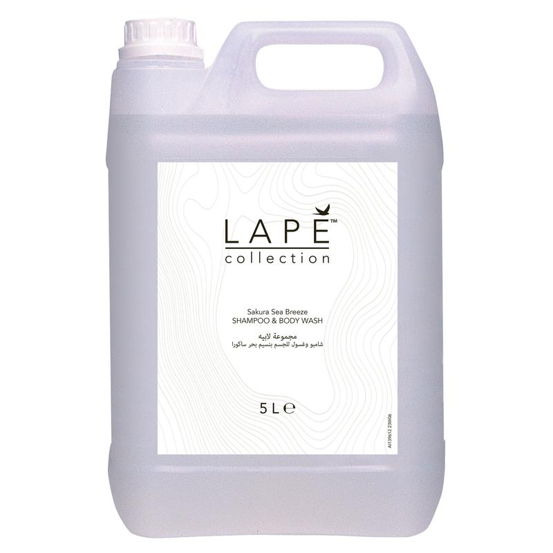 A 5-liter canister made of transparent plastic with a handle and screw cap, labeled "LAPE Earth Collection Sakura Sea Breeze Body Wash & Shampoo" by Diversey Deutschland GmbH & Co. OHG. Eco-certified, cherry blossom and sea breeze scent.