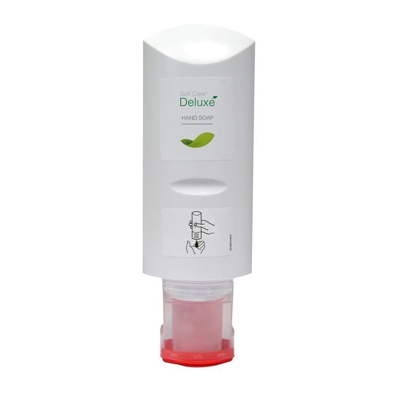 A white wall dispenser of the Soft Care Deluxe hand wash lotion (300 ml, Diversey Deutschland GmbH & Co. OHG) with green leaf design, application image, and red refill cartridge - ideal for daily skin care.