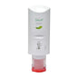 A white wall dispenser of the Soft Care Deluxe hand wash lotion (300 ml, Diversey Deutschland GmbH & Co. OHG) with green leaf design, application image, and red refill cartridge - ideal for daily skin care.