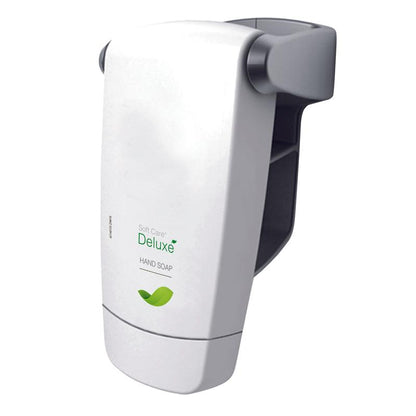 The wall-mounted Soft Care hand soap made of white plastic from Diversey Deutschland GmbH & Co. OHG features gray accents on the sides, a green leaf graphic, and offers gentle cleansing thanks to its moisturizing formula.