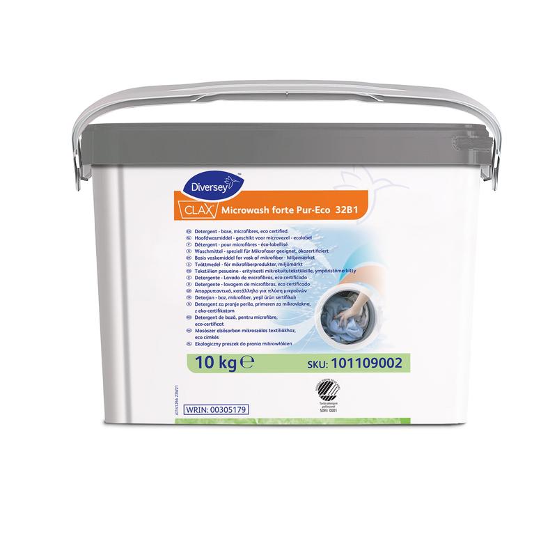 A white 10 kg plastic container of Clax Microwash forte Pur-Eco detergent for microfibers (environmentally certified) from Diversey Deutschland GmbH & Co. OHG, with a gray handle and lid, has product information and usage instructions on the front.