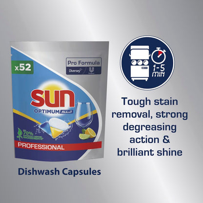 Eine Packung Sun Professional Optimum All in One Spülmaschinenkapseln mit Klarspüler und Salz (52 Tabs) von Diversey Deutschland GmbH & Co. OHG ist abgebildet mit dem Hinweis "Starke Fleckentfernung, starke Entfettung & brillanter Glanz" sowie einem 1-5 Minuten-Symbol.