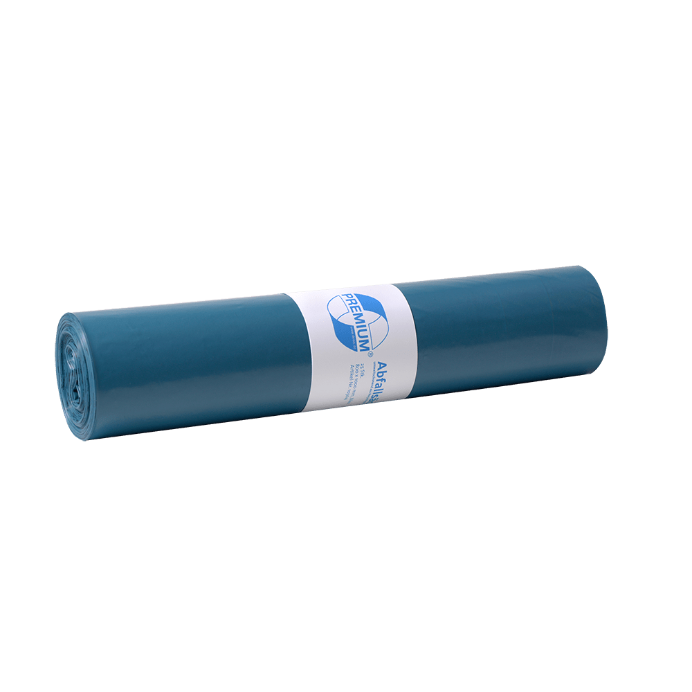 A blue DEISS 10304 garbage bag roll (800x1000 mm, type 60, 25 pieces) from EMIL DEISS KG (GmbH + Co.), with a white label bearing the inscription Load capacity 60 kg, stands on a plain white background.