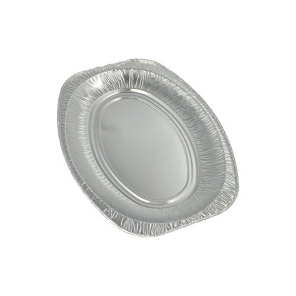 A set of three empty, oval Starpak 3 serving plates made of aluminum from Starpak is shown against a plain white background, ideal for elegant presentations.