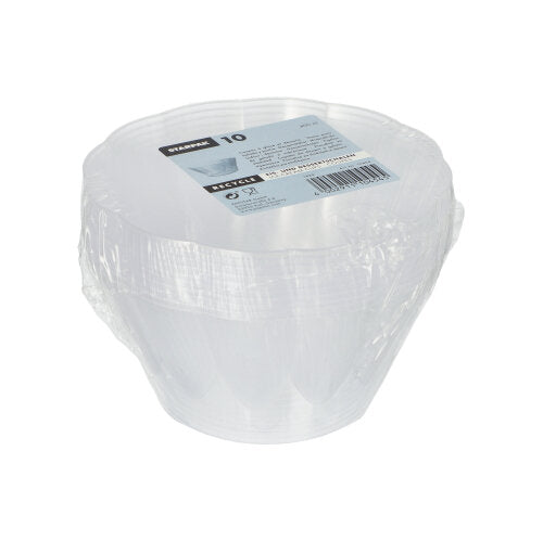 A stack of ten round, clear Starpak ice cream and dessert bowls (Ø 12 cm · 7 cm) with 400 ml capacity, wrapped in shrink wrap, with a label on top containing product information and a barcode.