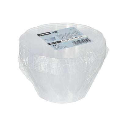 A stack of ten round, clear Starpak ice cream and dessert bowls (Ø 12 cm · 7 cm) with 400 ml capacity, wrapped in shrink wrap, with a label on top containing product information and a barcode.