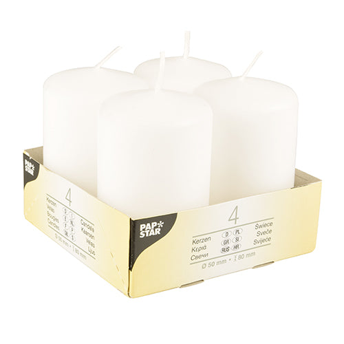 A pack of four Starpak "Ivory" pillar candles (Ø 50 mm, 80 mm, flat top) made of high-quality wax, arranged in a cardboard holder with product information and the Starpak logo on the label.