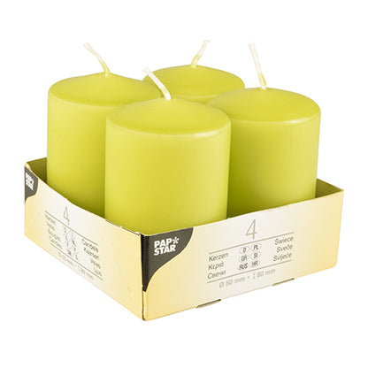 A pack of four cylindrical ivory pillar candles (Ø 50 mm, 80 mm, flat top) from Starpak with white wicks, arranged in a cardboard tray with the inscription "Starpak" and product details on the side.