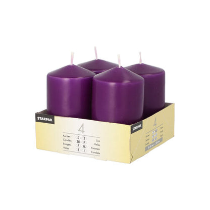 Four ivory Starpak 4 pillar candles (Ø 50 mm · 80 mm, flat top) are arranged in a square cardboard tray with the inscription "Starpak 4", with multilingual candle details on the front and side of the packaging.