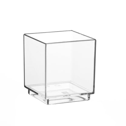 The Starpak 30 finger food bowls are clear, square PS containers (55 ml, 4.7 x 4.2 x 4.2 cm), perfect for serving or presenting, depicted against a white background; pack of 30 pieces.