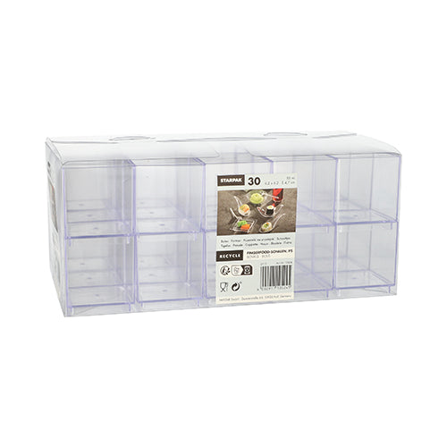 The Starpak 30 finger food bowls are a crystal clear polystyrene (PS) box with ten square compartments, a transparent flip lid, and a label for 30 pieces. Each compartment holds 55 ml and measures 4.7 x 4.2 x 4.2 cm.