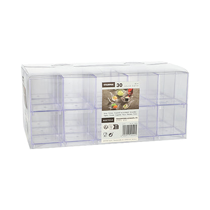 The Starpak 30 finger food bowls are a crystal clear polystyrene (PS) box with ten square compartments, a transparent flip lid, and a label for 30 pieces. Each compartment holds 55 ml and measures 4.7 x 4.2 x 4.2 cm.