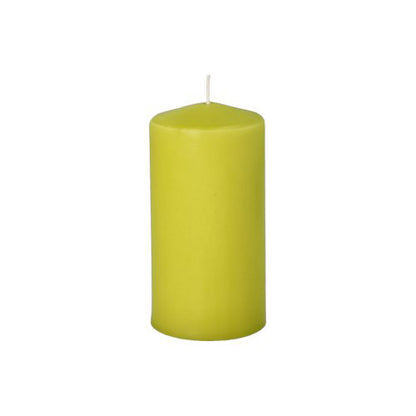 A single, unlit, lime green Starpak 8 pillar candle Ø 50 mm · 100 mm made from high-quality wax with a centered white wick stands upright on a plain white background – ideal for a cozy atmosphere.
