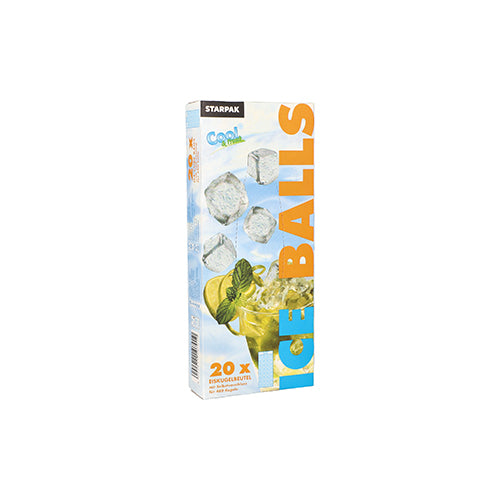 The Starpak 20 ice ball bags with self-sealing and easy release box are available in blue, white, and orange, contain ice cubes, a cold drink with lime and mint, and 20 easy-to-open ice ball bags.
