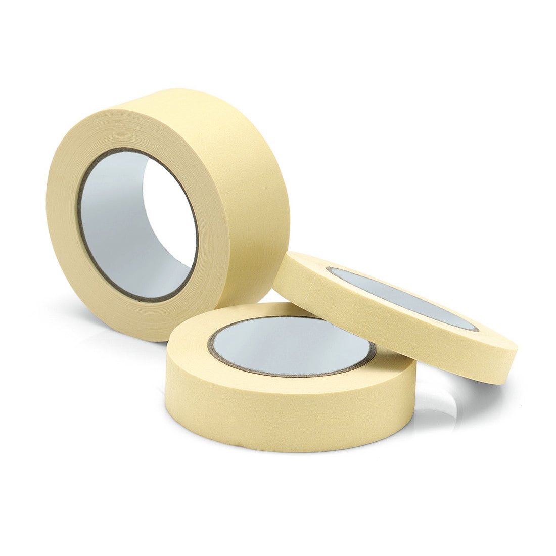 Three rolls of Nölle Profi Brush painter's masking tape by Nölle Profi Brush Brush & Paint Technique e.K. in beige are depicted on a white background - two standing, one lying - with visible cardboard cores, ideal for precise paint edges and professional work.