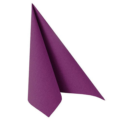 A purple napkin from PAPSTAR 50 napkins "ROYAL Collection" 1/4-fold 40 x 40 cm by PAPSTAR GmbH is folded vertically into a standing triangle shape against a white background.