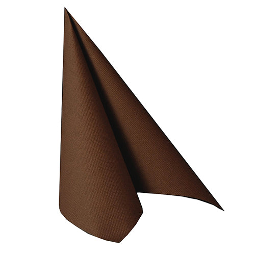 A single brown PAPSTAR 50 napkins "ROYAL Collection" 1/4-fold 40 x 40 cm by PAPSTAR GmbH is folded upright in a standing triangle shape against a plain white background.