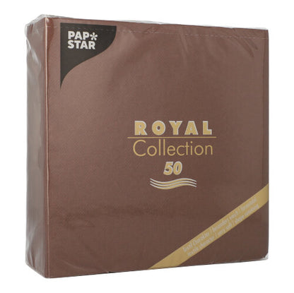 A brown PAPSTAR GmbH package with 50 napkins "ROYAL Collection" 1/4-fold 40x40 cm with golden and white lettering and a stylish wave line design.
