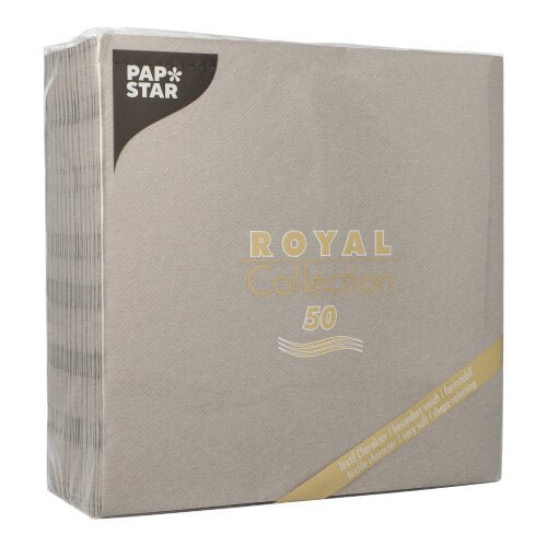 A sealed package of PAPSTAR 50 napkins "ROYAL Collection" 1/4-fold, 40 x 40 cm, gray from PAPSTAR GmbH. The square packaging is neatly wrapped in plastic.