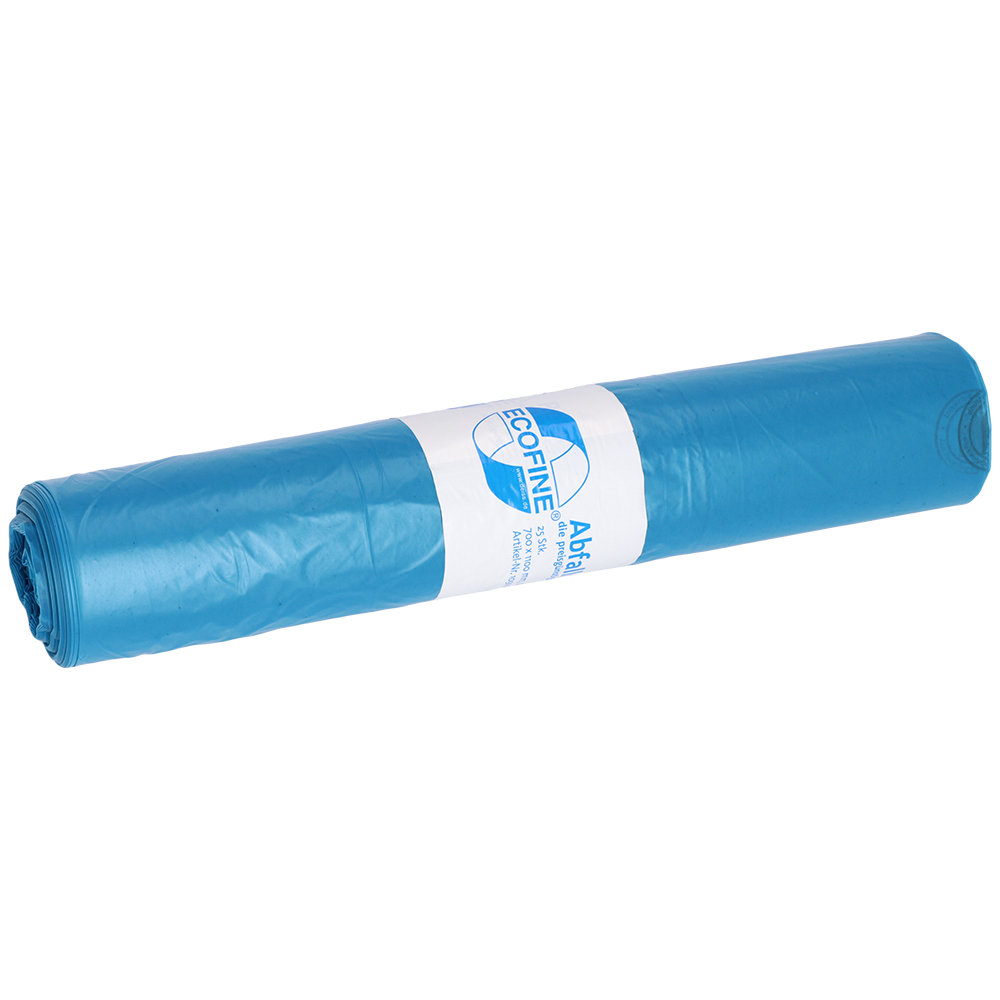A blue roll of DEISS ECOFINE® waste bags 13900 (120L, recycled LDPE/LLDPE) from EMIL DEISS KG (GmbH + Co.) with a white label with text and logo on a white background - ideal for environmentally responsible disposal.