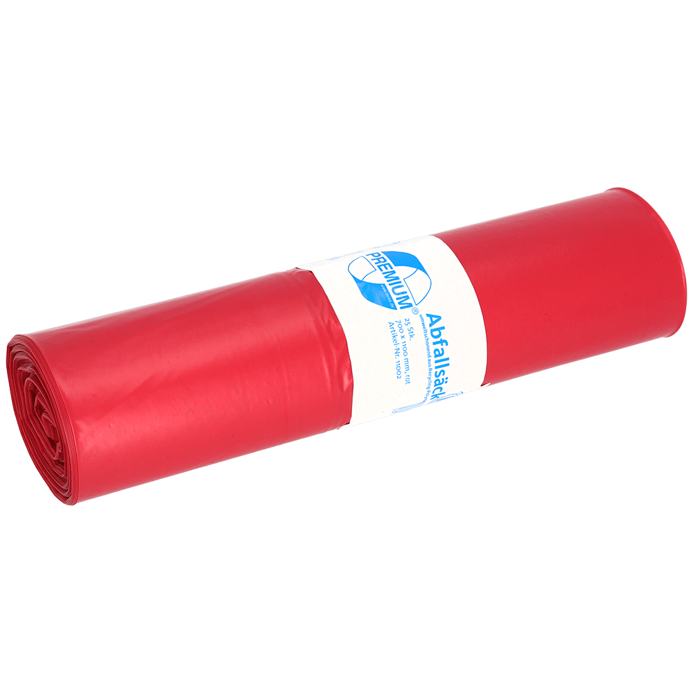 Pictured is a roll of DEISS 11002 red garbage bags (700x1100x0.06 mm, 25 pieces) from EMIL DEISS KG with a white label and blue text on a white background.