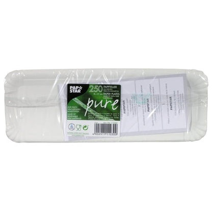 A package with 250 PAPSTAR "pure" square white paper plates by PAPSTAR GmbH, made from virgin fiberboard, packed in clear plastic with a green-black label with product information.