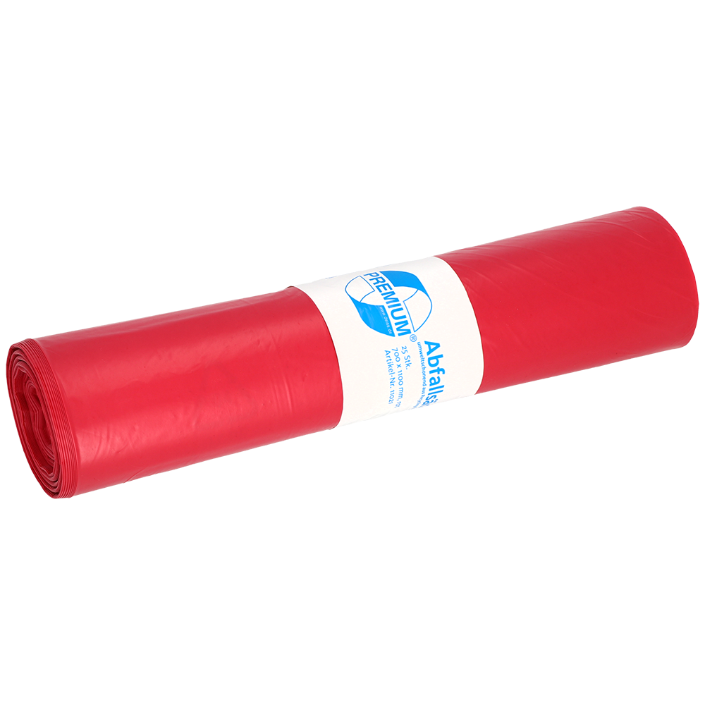 Pictured is a roll of EMIL DEISS KG (GmbH + Co.) DEISS 11021 - 700x1100 mm Type 60 red garbage bags (25 pieces) with a white-blue label on a plain white background.