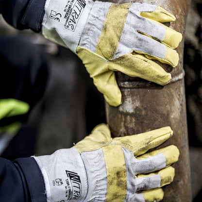 NITRAS UNIVERSAL, artificial leather gloves, natural color / yellow, EN 388 cotton | Pack (12 pairs)