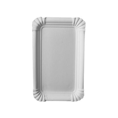 The PAPSTAR 250 plate "pure" square white is a rectangular white disposable plate with raised edges and ribbed corners, made from eco-friendly virgin fiberboard by PAPSTAR GmbH, depicted on a solid white background.
