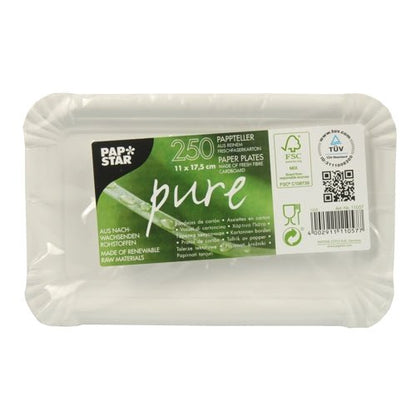 A rectangular stack of PAPSTAR 250 plates, "pure" cardboard rectangular white, made from fresh fiberboard (11 x 17.5 cm), plastic wrapped. The label shows: FSC and TÜV certified, made from renewable resources.