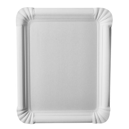 PAPSTAR 250 plate, cardboard "pure" square white from PAPSTAR GmbH: a rectangular white paper plate with ribbed, raised edges and rounded corners, made of eco-friendly virgin fiber board, photographed from above on a white base.