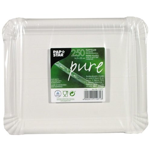 A stack of 250 white, rectangular PAPSTAR "pure" plates from PAPSTAR GmbH, made from environmentally friendly fresh fiberboard, compostable and packed in a green-white packaging.