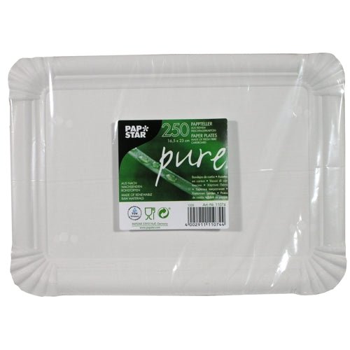 A pack of 250 rectangular white PAPSTAR "pure" cardboard plates from PAPSTAR GmbH, with environmentally friendly symbols and product info on the sustainable front packaging.