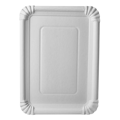 The PAPSTAR 250 plate, cardboard "pure" square white from PAPSTAR GmbH is made of eco-friendly virgin fiber board with raised edges, rounded corners, and fine embossing and grooves at each corner.