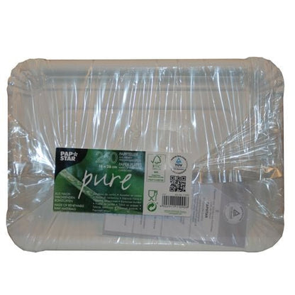 A pack of 250 rectangular white PAPSTAR "pure" paper plates from PAPSTAR GmbH, environmentally friendly, in clear foil with "PAP STAR pure" label, recycling symbols and product information.