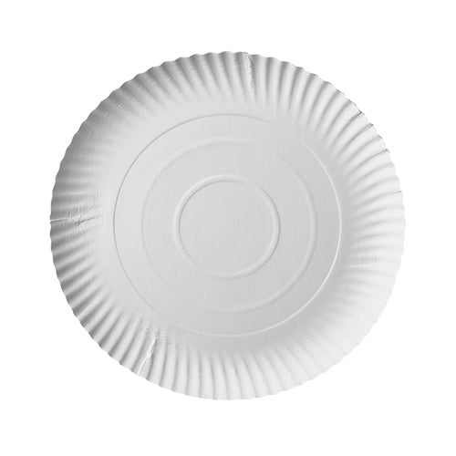 The PAPSTAR GmbH 29 50 Plate, cardboard "pure" round - white is a simple, round, white paper plate with a fluted edge and concentric circles, photographed on white. Perfect as an eco-friendly 29 cm plate for any occasion.