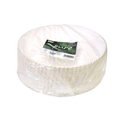 A stack of PAPSTAR GmbH 29 cm "pure" round white paper plates (50 pieces), packaged in clear plastic with a label stating they are 100% biodegradable and compostable.