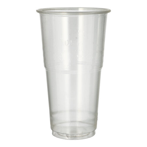 The PAPSTAR cold drink cup PLA "pure" crystal clear with foam rim (0.5 l) from PAPSTAR GmbH stands upright on a white background, is slightly tapered and has a rolled rim - an eco-friendly choice for your drinks.