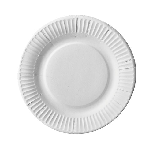 The PAPSTAR GmbH PAPSTAR 100 plates, cardboard "pure" round, white extra strong is a simple, round white plate made of FSC-certified fresh fiber cardboard with a raised, corrugated edge, depicted on a white background.