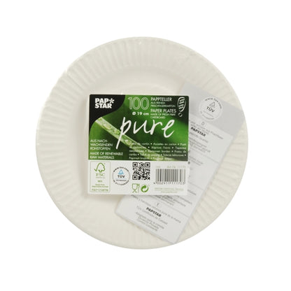 A stack of 100 round, extra strong white PAPSTAR GmbH "pure" cardboard plates made of FSC-certified fresh fiber cardboard with a corrugated edge, labeled on top with "Papstar pure" branding, eco-symbols, and product information in German and English.