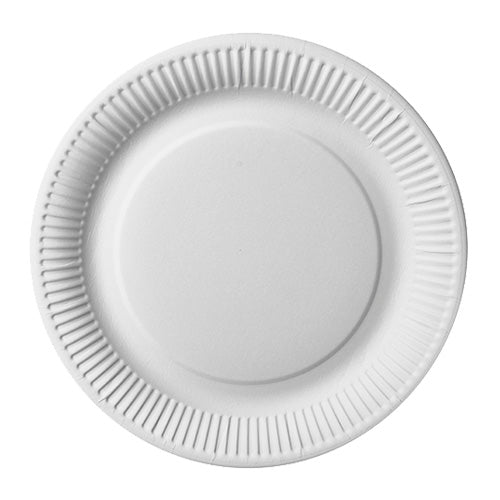 The PAPSTAR GmbH paper plate "pure" (round, Ø 26 cm, extra strong, white) in a pack of 50 is made of 100% virgin fiber board and is FSC-certified for sustainable quality. With a slightly raised edge and grooved pattern, photographed from above on white.