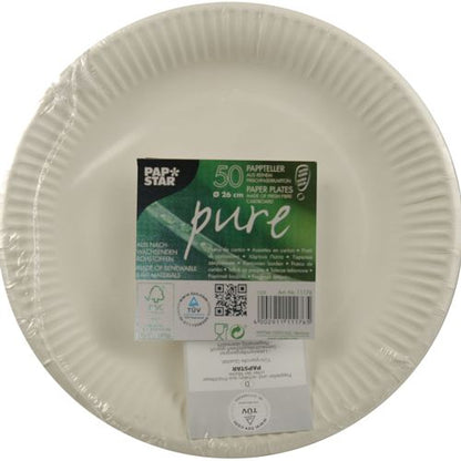 A pack of 50 PAPSTAR paper plates round Ø 26 cm, extra strong, white "pure", made of 100% virgin fiber board by PAPSTAR GmbH. The shrink wrap is provided with FSC certification, recycling symbols, and product information.