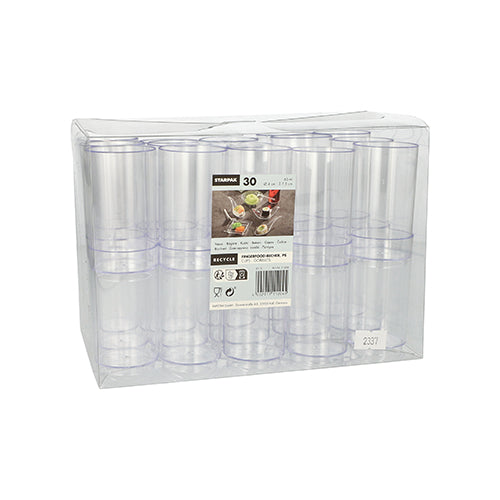 A transparent plastic package holds 30 Starpak finger food cups (PS, 60 ml, Ø 4 cm · 7.5 cm, clear glass), stacked in three rows. A front label shows product details and images of drinks served in the cups.