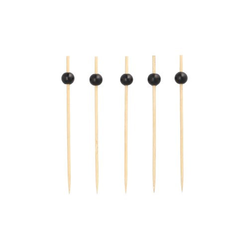 Five PAPSTAR 250 finger food picks from PAPSTAR GmbH, eco-friendly wooden skewers with black beads at the top, are arranged vertically in a row against a plain white background.