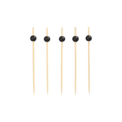 Five PAPSTAR 250 finger food picks from PAPSTAR GmbH, eco-friendly wooden skewers with black beads at the top, are arranged vertically in a row against a plain white background.
