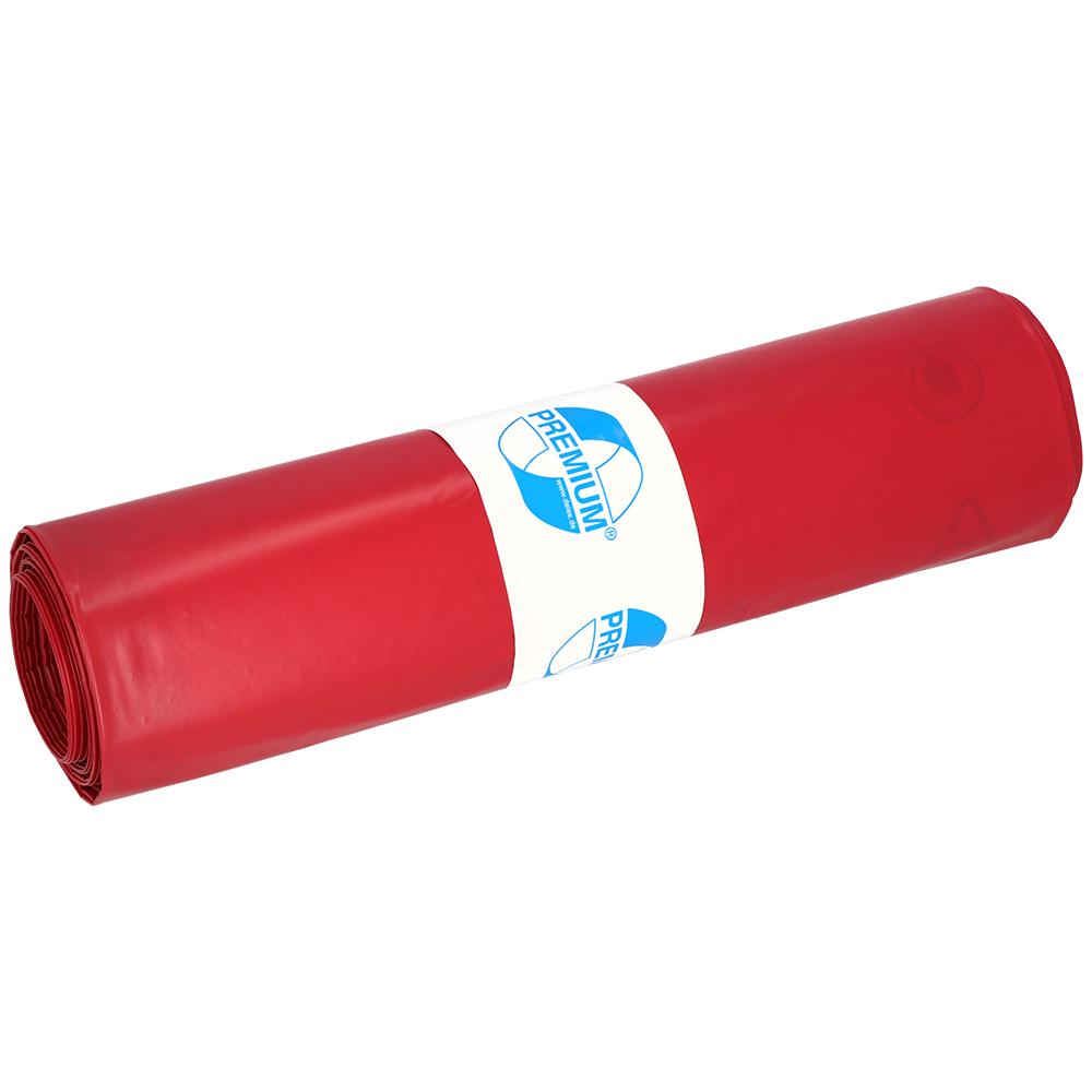 A roll of red DEISS 11306 garbage bags (800x1000x0.1 mm, 15 pieces) from EMIL DEISS KG (GmbH + Co.), packaged in a white label with blue text and graphics, is depicted on a plain light background.