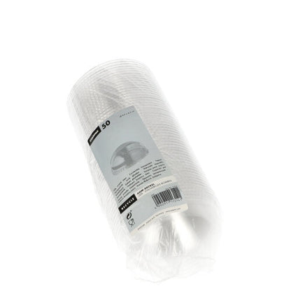 A sealed plastic package contains 50 round, transparent Starpak "Hurricane" PET lids (without hole), Ø 9.5 cm x 4.5 cm, with a white-gray label with product details.