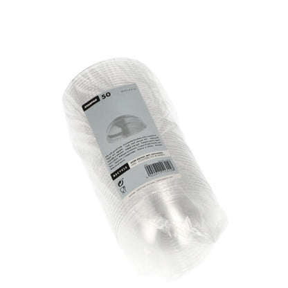 A pack of 50 Starpak dome lid "Hurricane" PET lids (clear, round, Ø 9.5 cm, without hole) is delivered in a transparent package with a white-gray label displaying product information, barcode, and the Starpak brand for secure closure.